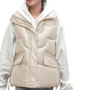 Women Padded Quilted Vest Size L Bright khaki High Neck Full Zipper Adjustable